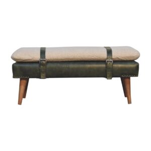 Solid Mango Wood Bouclé Buffalo Hide Olive Green Leather Finished Bench