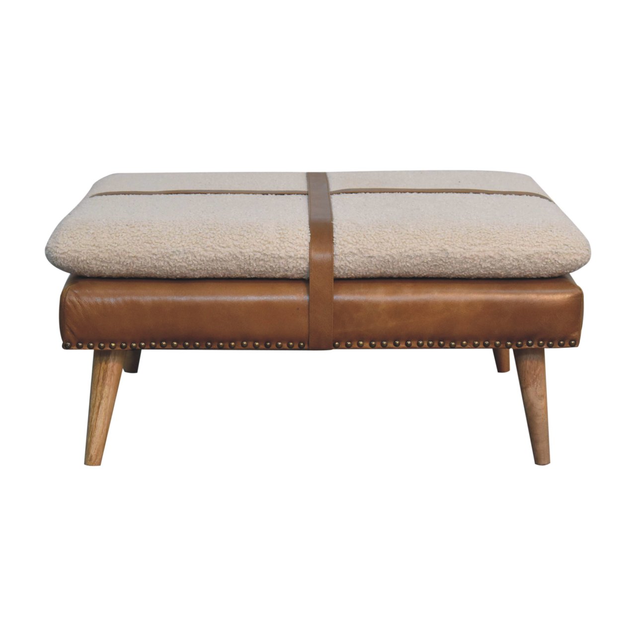 Solid Mango Wood Large Square Brown Leather Footstool with Boucle Cushion