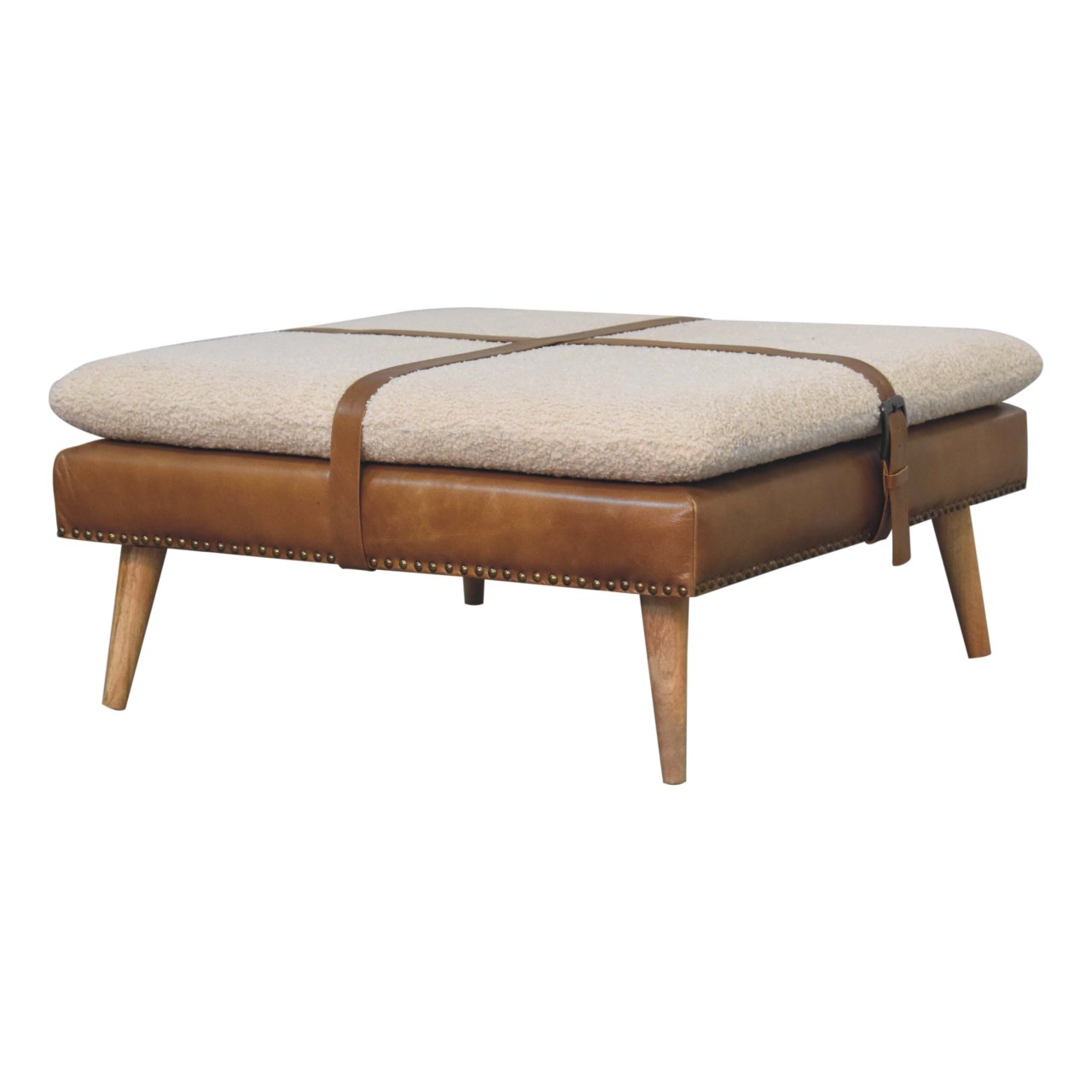 Solid Mango Wood Large Square Brown Leather Footstool with Boucle Cushion - Image 2