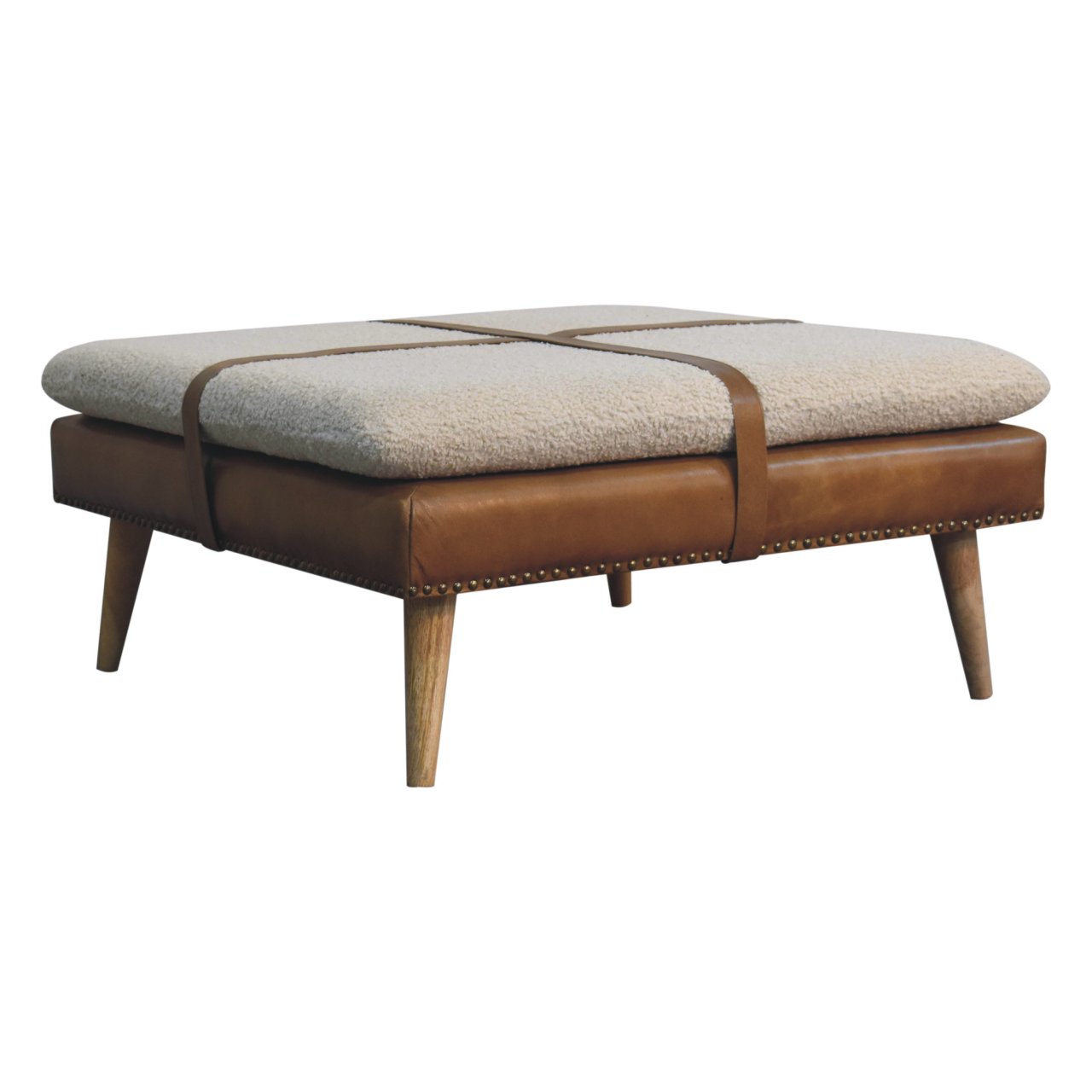 Solid Mango Wood Large Square Brown Leather Footstool with Boucle Cushion - Image 3