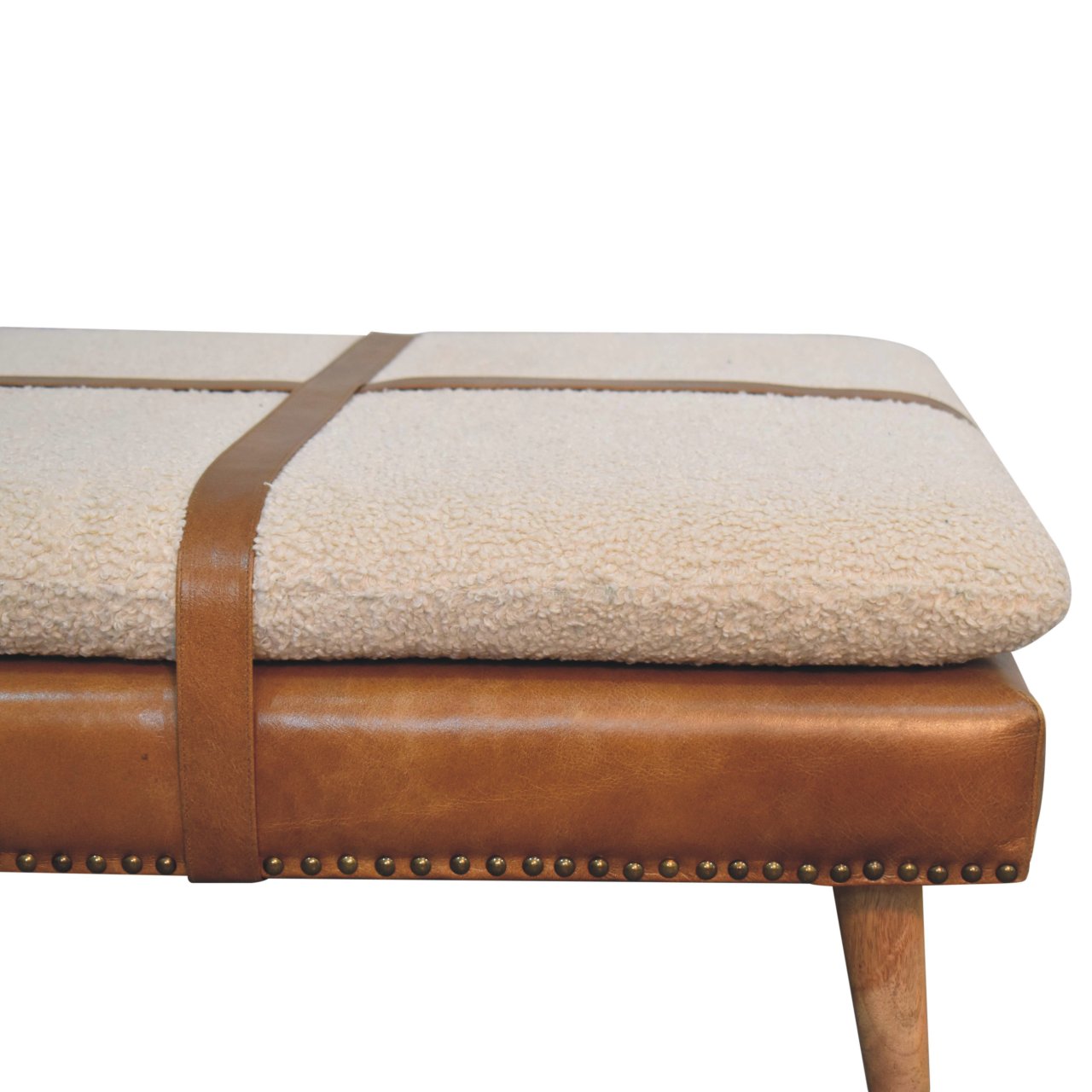 Solid Mango Wood Large Square Brown Leather Footstool with Boucle Cushion - Image 4