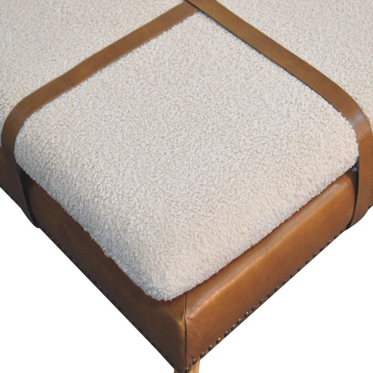 Solid Mango Wood Large Square Brown Leather Footstool with Boucle Cushion - Image 5