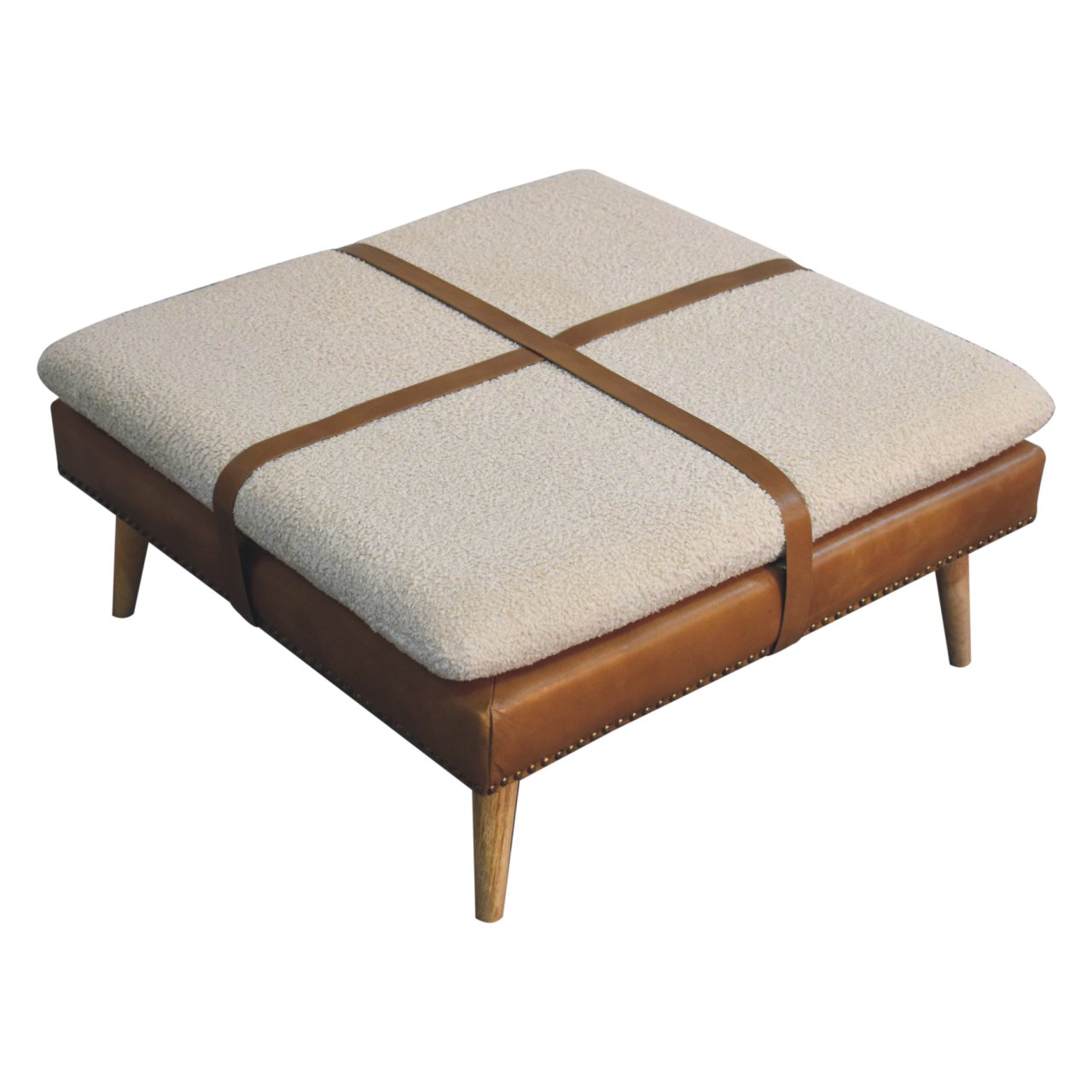 Solid Mango Wood Large Square Brown Leather Footstool with Boucle Cushion - Image 6