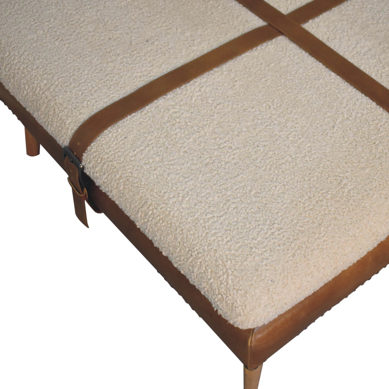 Solid Mango Wood Large Square Brown Leather Footstool with Boucle Cushion - Image 7