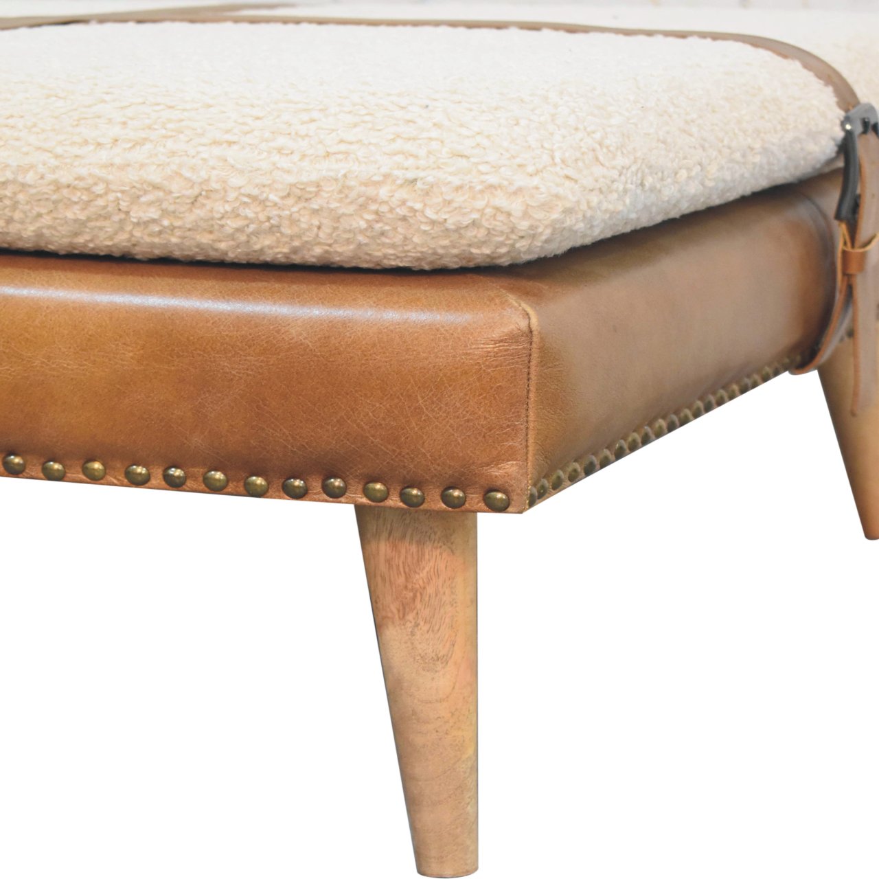 Solid Mango Wood Large Square Brown Leather Footstool with Boucle Cushion - Image 8
