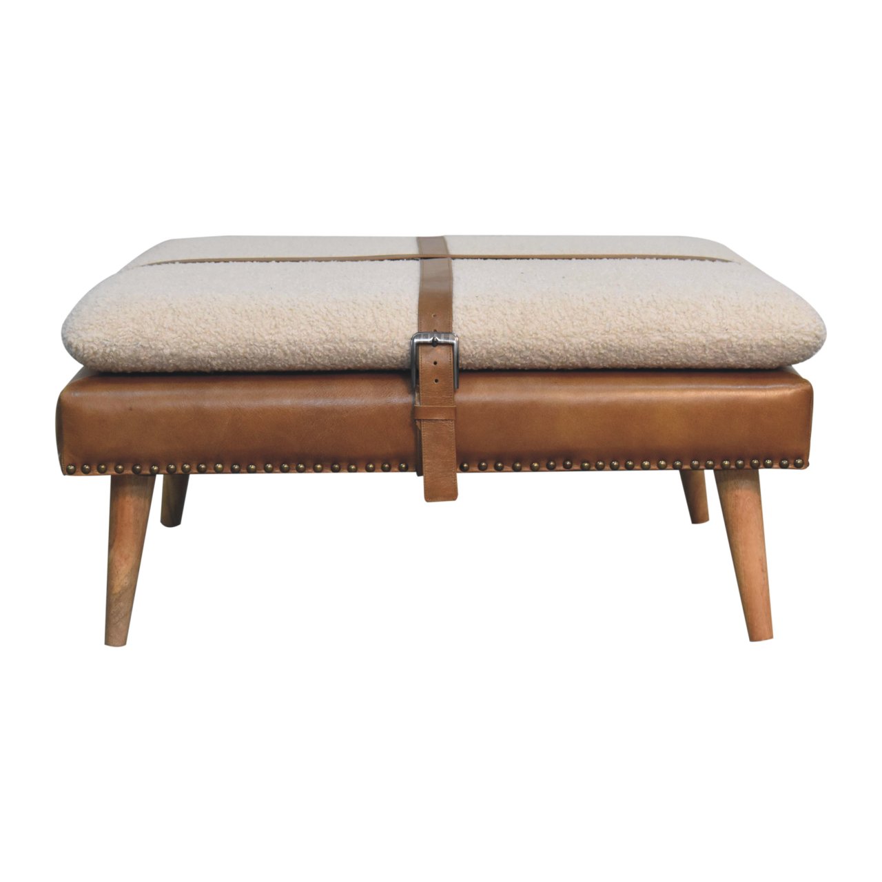 Solid Mango Wood Large Square Brown Leather Footstool with Boucle Cushion - Image 9