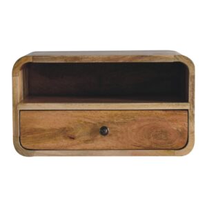 Solid Mango Wood Large Oak Finish Curve Upper Slot Floating Bedside