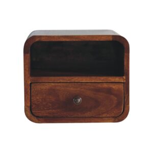 Solid Mango Wood Extra Mini Wall Mounted Curved Chestnut Bedside with Open Slot