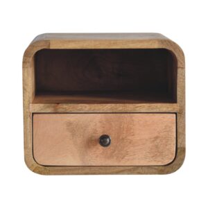 Solid Mango Wood Extra Mini Wall Mounted Curved Oak Finish Bedside with Open Slot