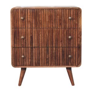 Solid Mango Wood Honey Caramel Finished 3 Drawer T-bar Ridged Pattern Chest