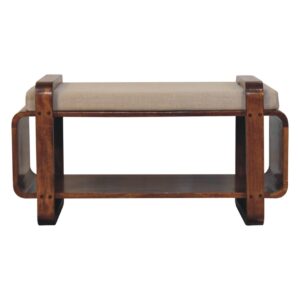 Solid Mango Wood Chestnut Finished Linen Upholstered Loop Bench