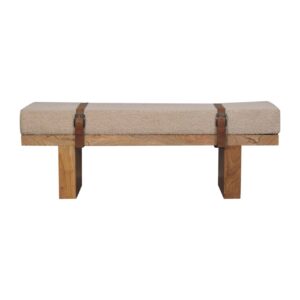 Solid Mango Wood Natural Finished Belmont Cream Boucle & Leather Upholstered Bench
