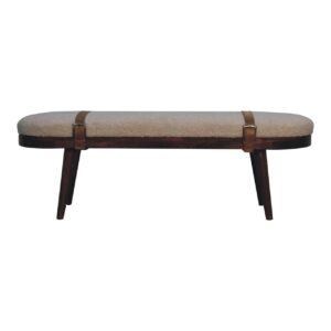 Solid Mango Wood Walnut Finished Nordholm Boucle & Leather Upholstered Bench