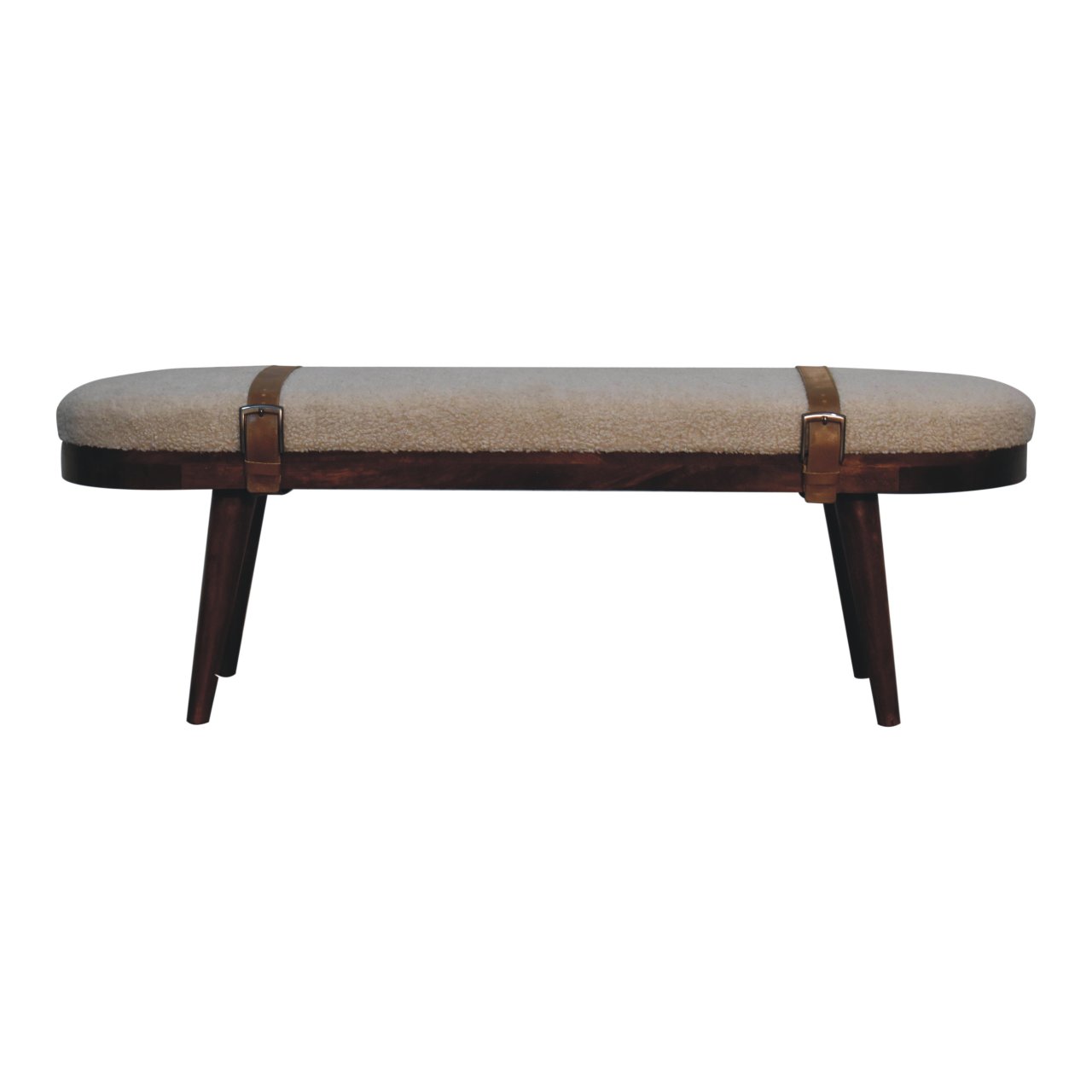 Solid Mango Wood Walnut Finished Nordholm Boucle & Leather Upholstered Bench