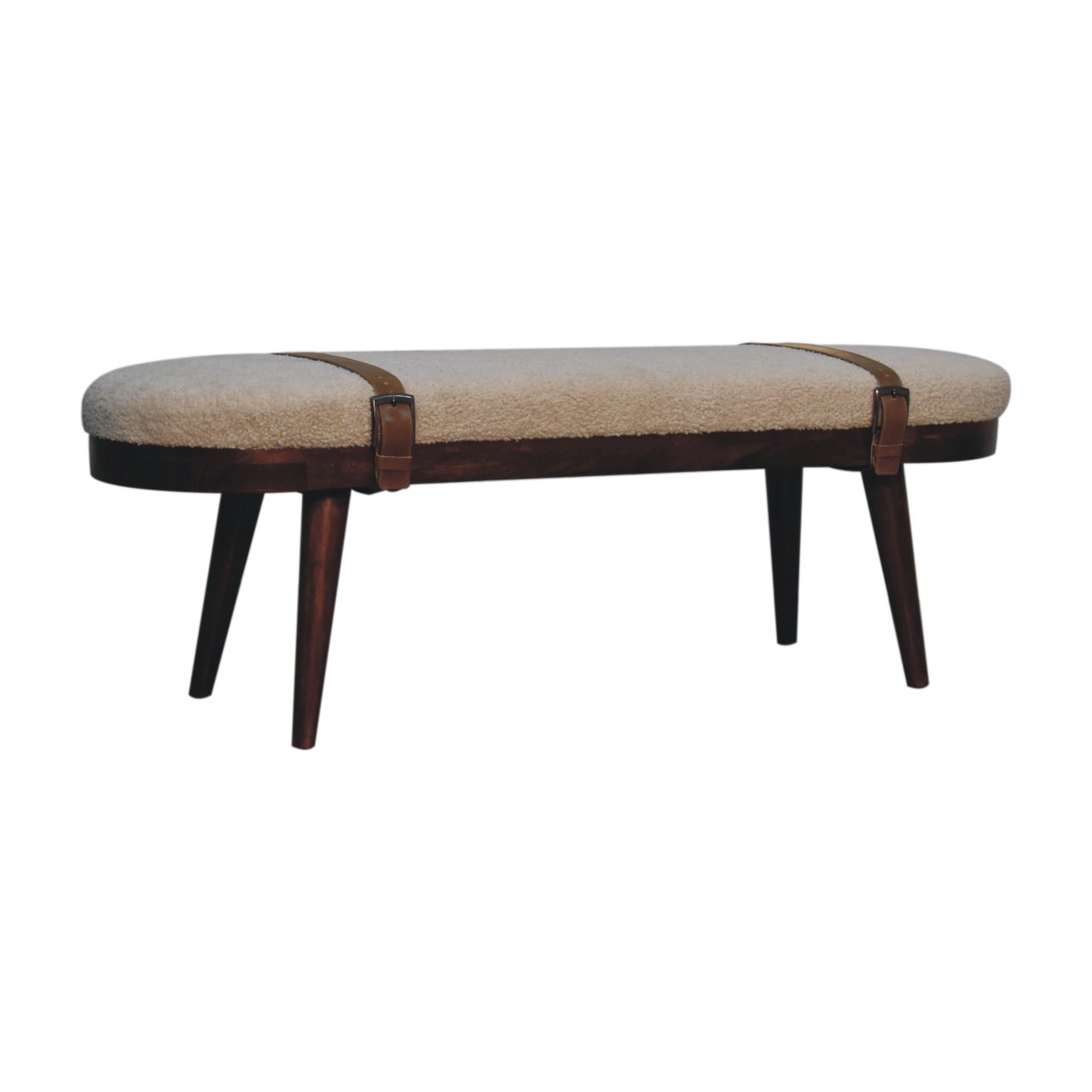Solid Mango Wood Walnut Finished Nordholm Boucle & Leather Upholstered Bench - Image 2