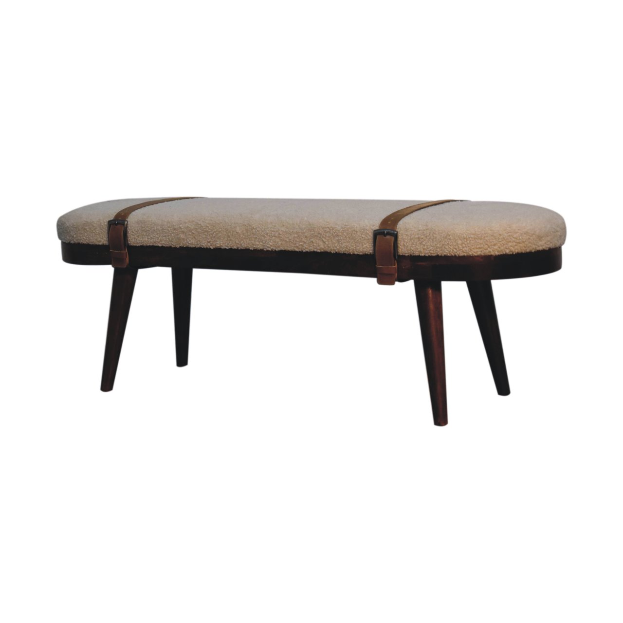 Solid Mango Wood Walnut Finished Nordholm Boucle & Leather Upholstered Bench - Image 3
