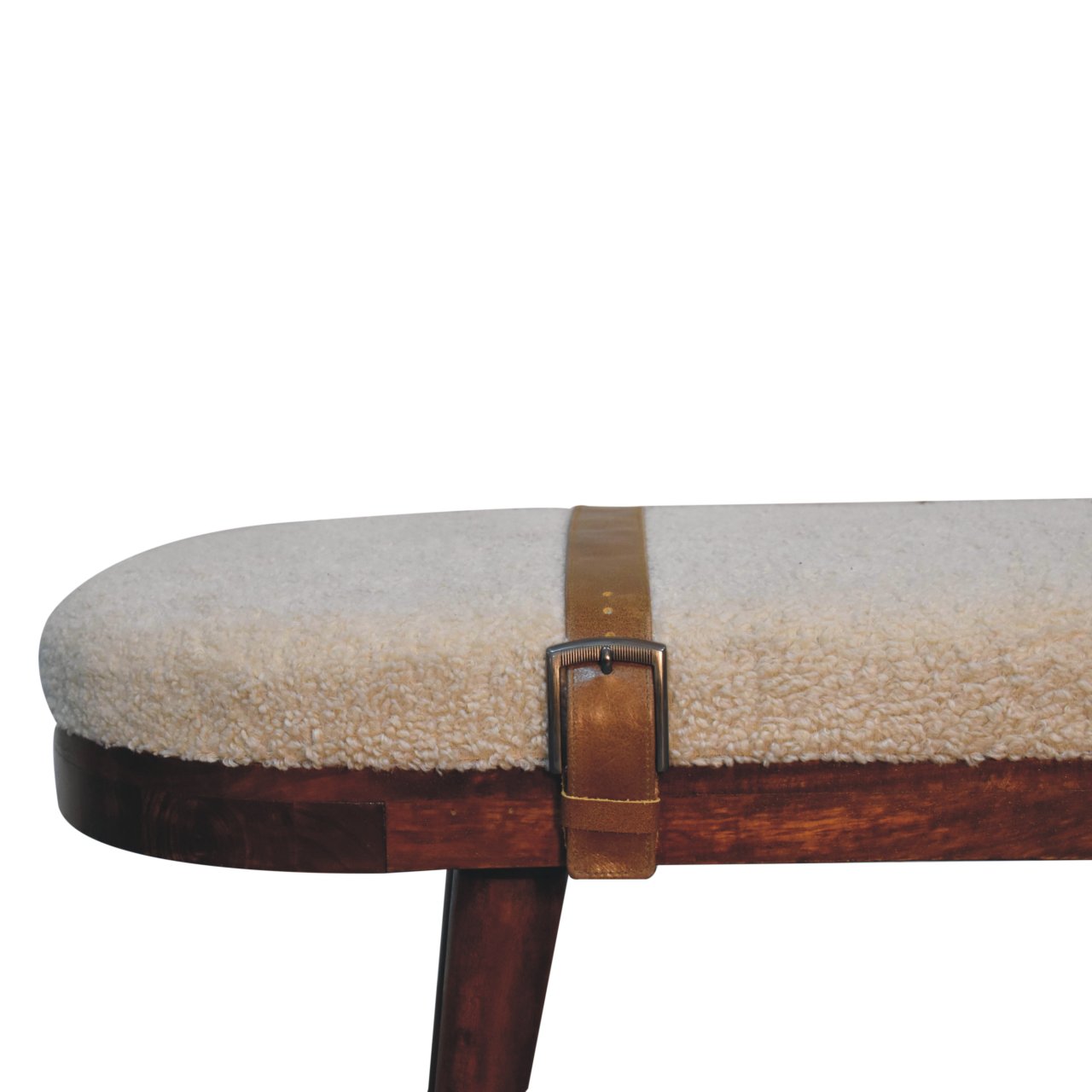 Solid Mango Wood Walnut Finished Nordholm Boucle & Leather Upholstered Bench - Image 4