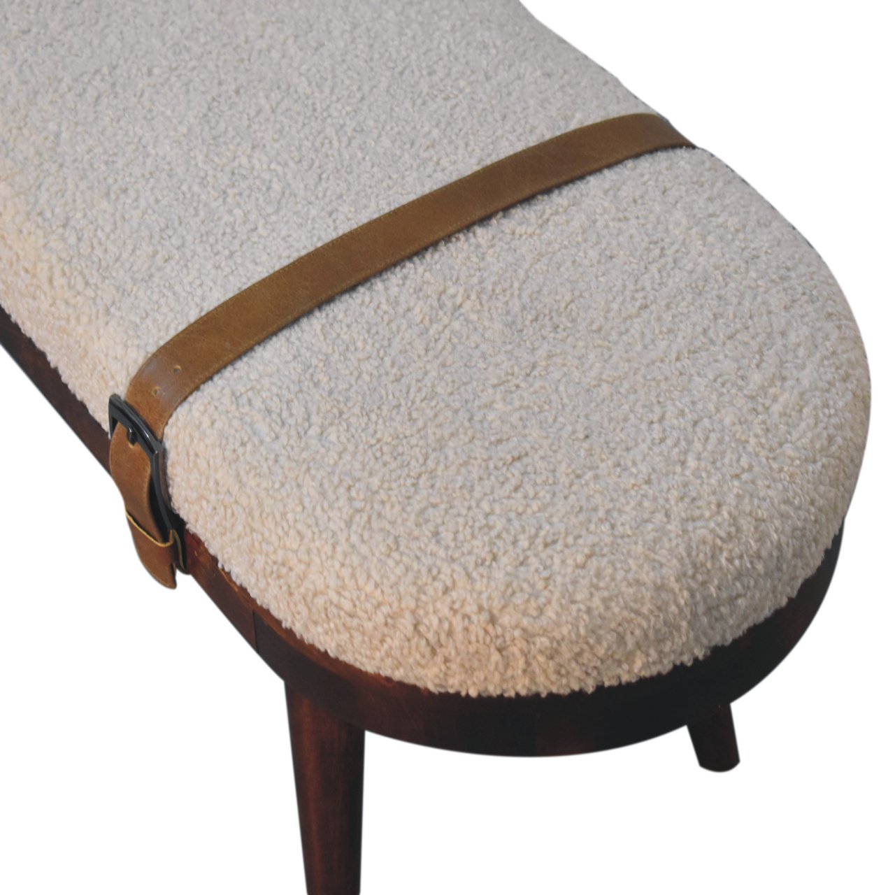 Solid Mango Wood Walnut Finished Nordholm Boucle & Leather Upholstered Bench - Image 5
