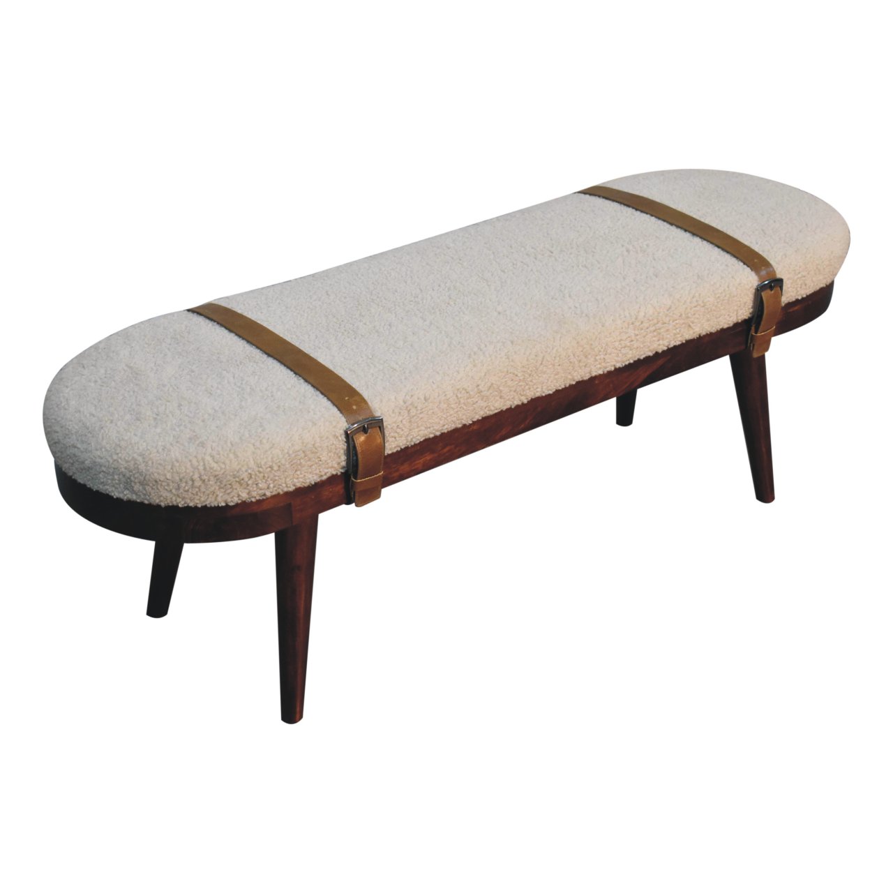 Solid Mango Wood Walnut Finished Nordholm Boucle & Leather Upholstered Bench - Image 6