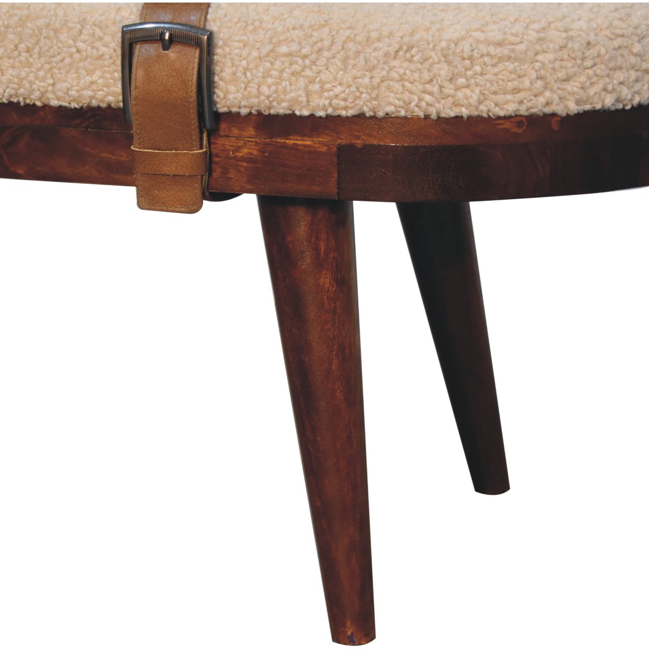 Solid Mango Wood Walnut Finished Nordholm Boucle & Leather Upholstered Bench - Image 7