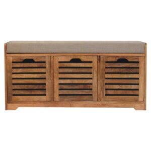 Solid Mango Wood Oak Finished Shutter Boucle Upholstered Shoe Bench