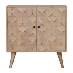 Solid Mango Wood Lime Ivory Finished Hourglass Carved 2 Door Cabinet