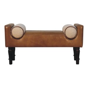 Solid Mango Wood Rich Walnut Finished Chester Leather Bench & 2 Boucle Cushions