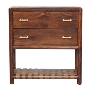 Solid Mango Wood Natural Finish Regency Woven Shelf 2-Drawer Nightstand