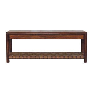 Solid Mango Wood Chestnut Finished Regency Woven Shelf Bench