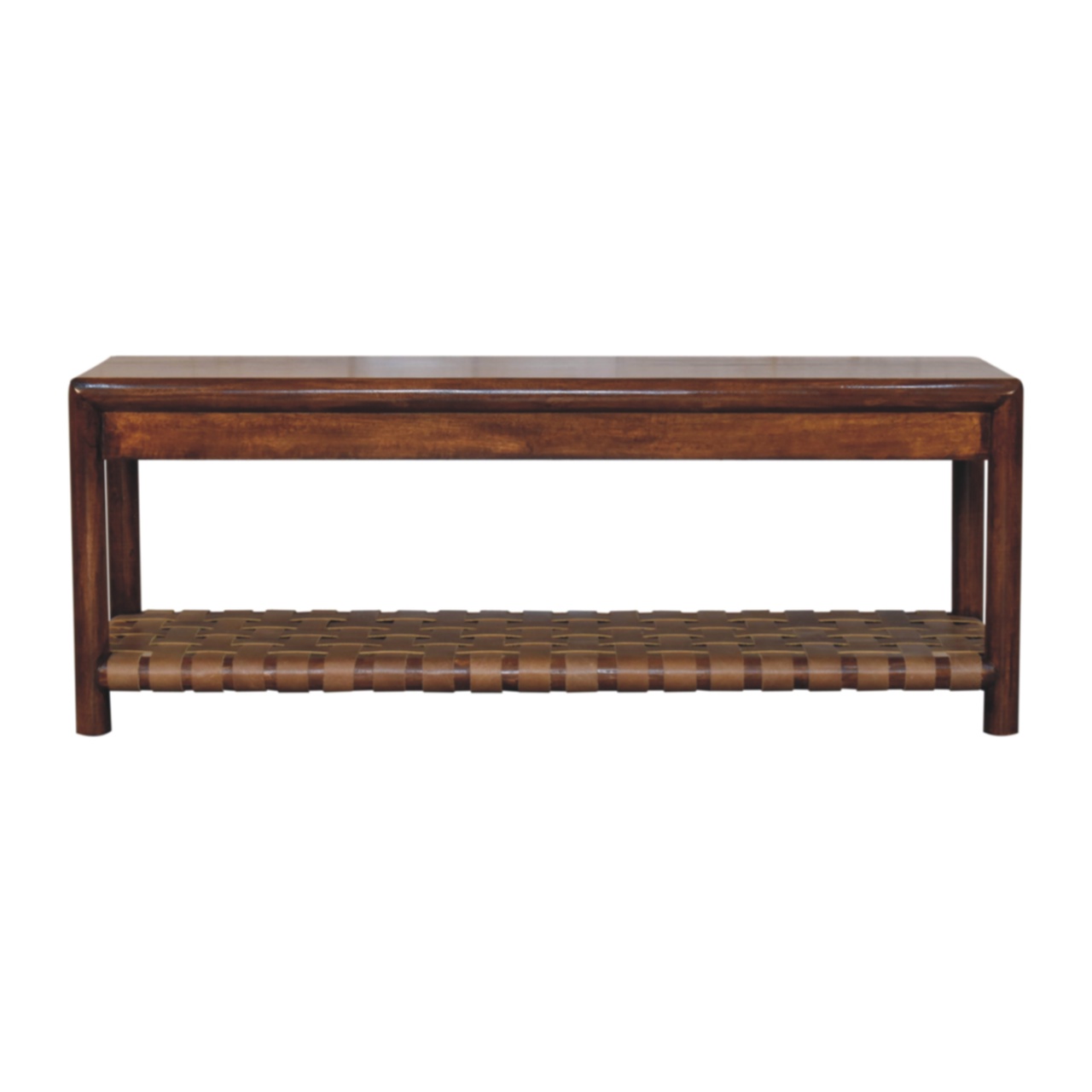 Solid Mango Wood Chestnut Finished Regency Woven Shelf Bench