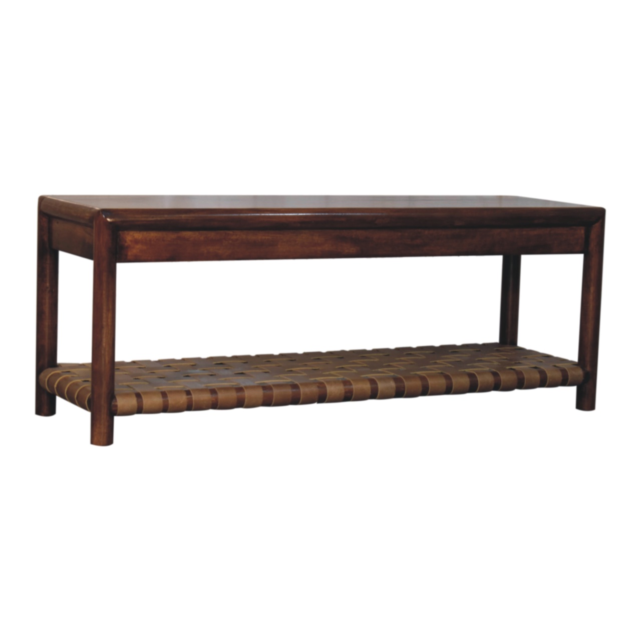 Solid Mango Wood Chestnut Finished Regency Woven Shelf Bench - Image 2