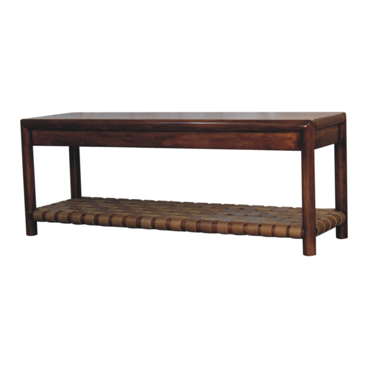 Solid Mango Wood Chestnut Finished Regency Woven Shelf Bench - Image 3