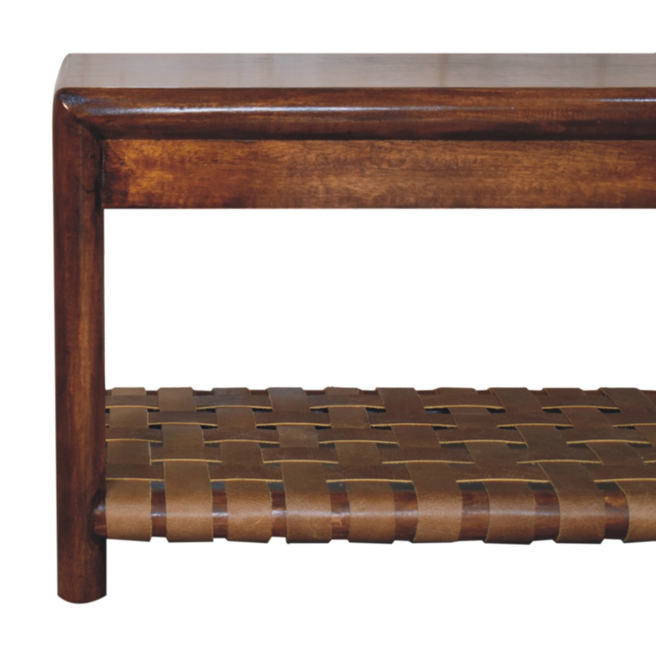 Solid Mango Wood Chestnut Finished Regency Woven Shelf Bench - Image 4