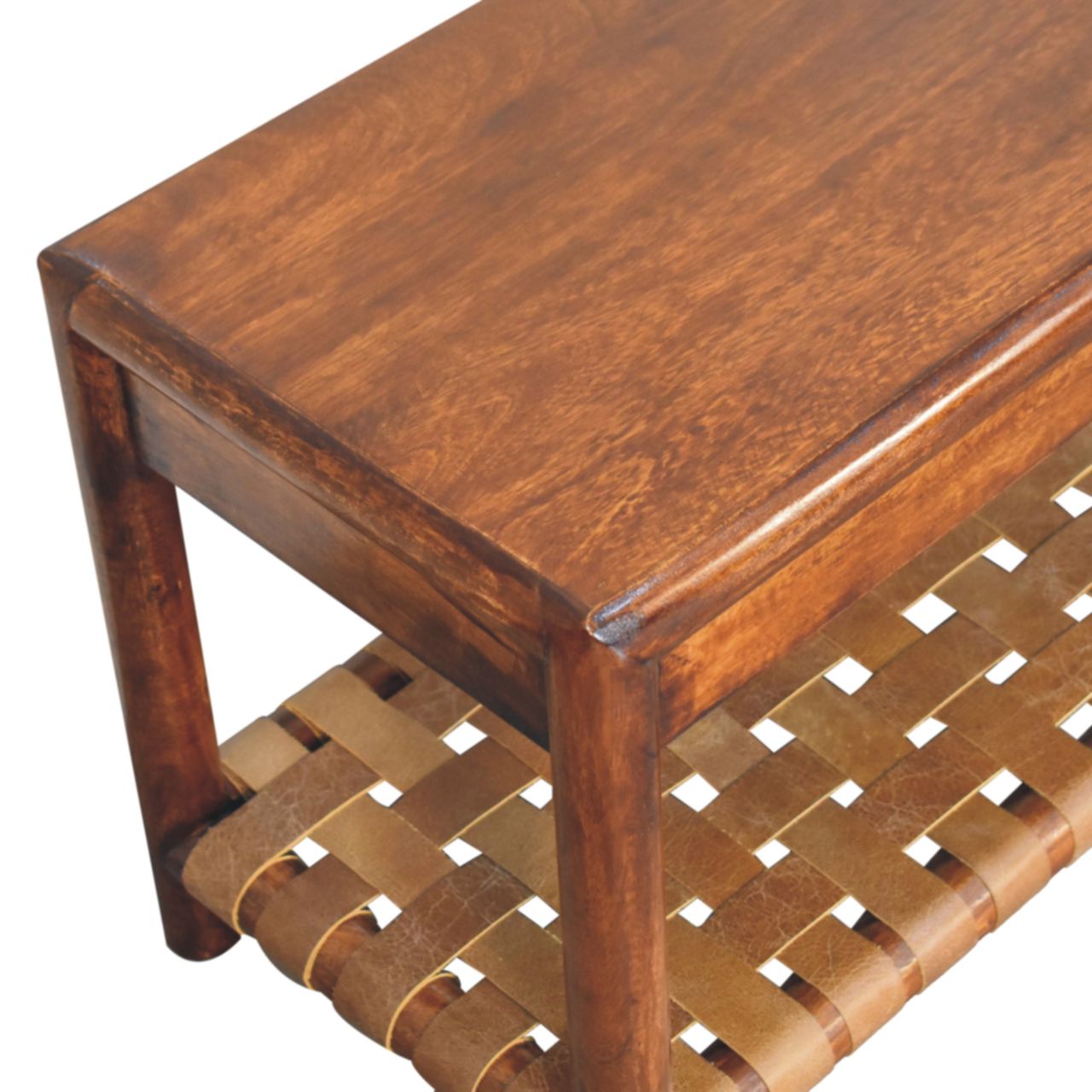 Solid Mango Wood Chestnut Finished Regency Woven Shelf Bench - Image 5