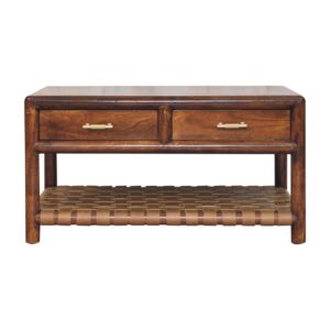 Solid Mango Wood Chestnut Finished Regency Woven Shelf Coffee Table with 4 Drawers