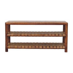 Solid Mango Wood Chestnut Finished Regency Woven Leather 2 Slot Shoe Rack