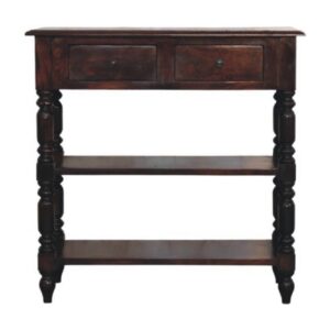 Solid Mango Wood Cherry Finished Turned Legs 2 Drawers 2 Shelves Side Table