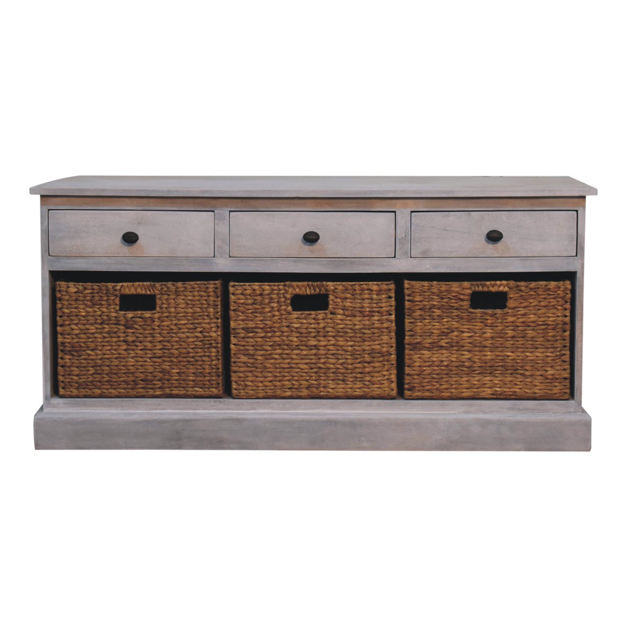 Solid Mango Wood Acid Wash Finished 3 Drawer 3 Basket Storage Cabinet
