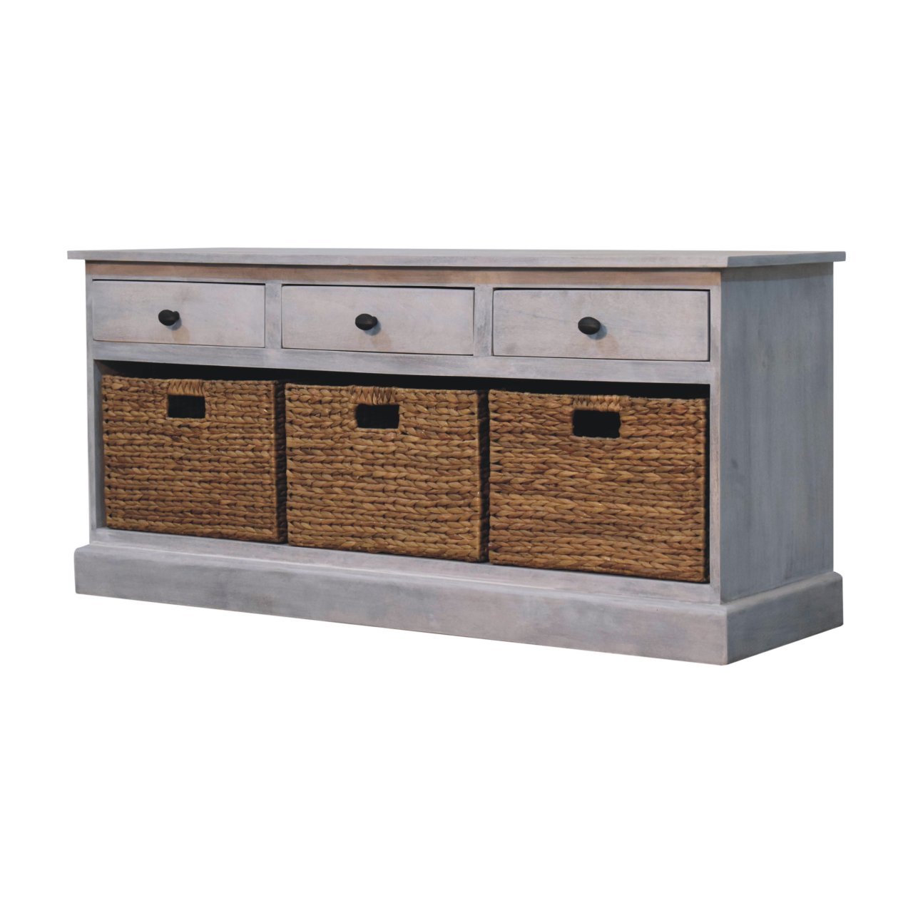 Solid Mango Wood Acid Wash Finished 3 Drawer 3 Basket Storage Cabinet - Image 2