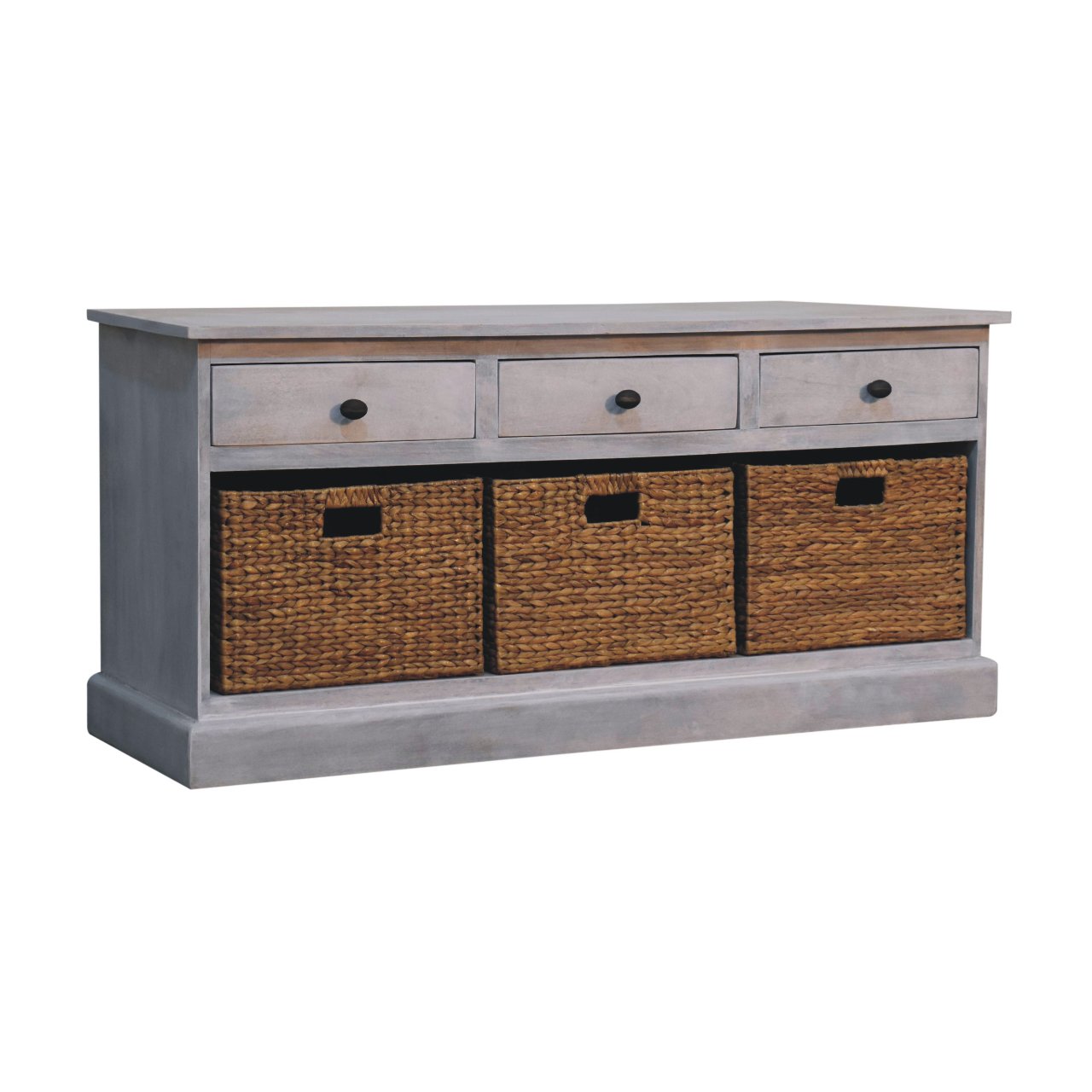 Solid Mango Wood Acid Wash Finished 3 Drawer 3 Basket Storage Cabinet - Image 3
