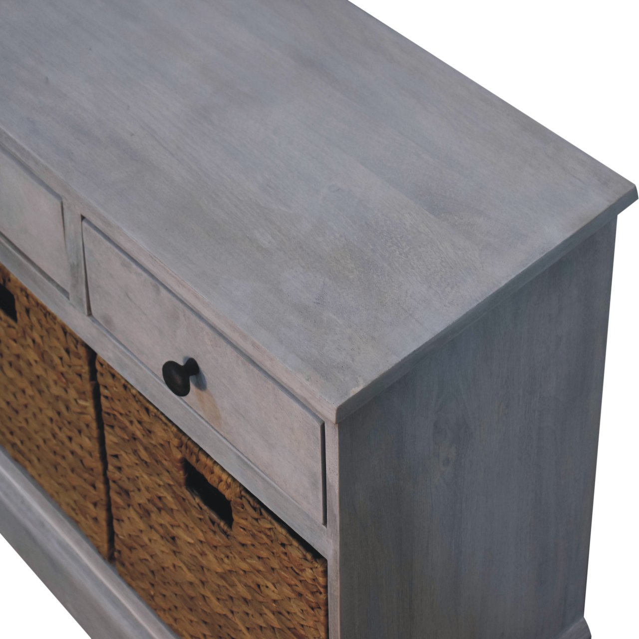 Solid Mango Wood Acid Wash Finished 3 Drawer 3 Basket Storage Cabinet - Image 5