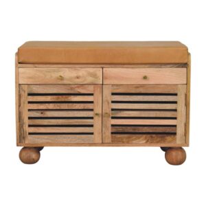 Solid Mango Wood Shutter Oak Finished 2 Door Upholstered Shoe Rack