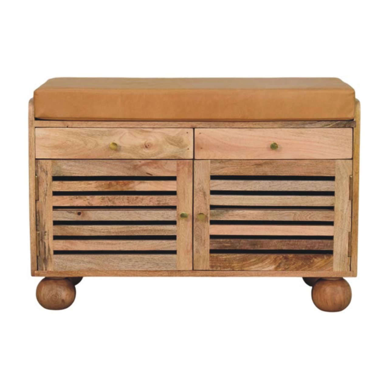 Solid Mango Wood Shutter Oak Finished 2 Door Upholstered Shoe Rack