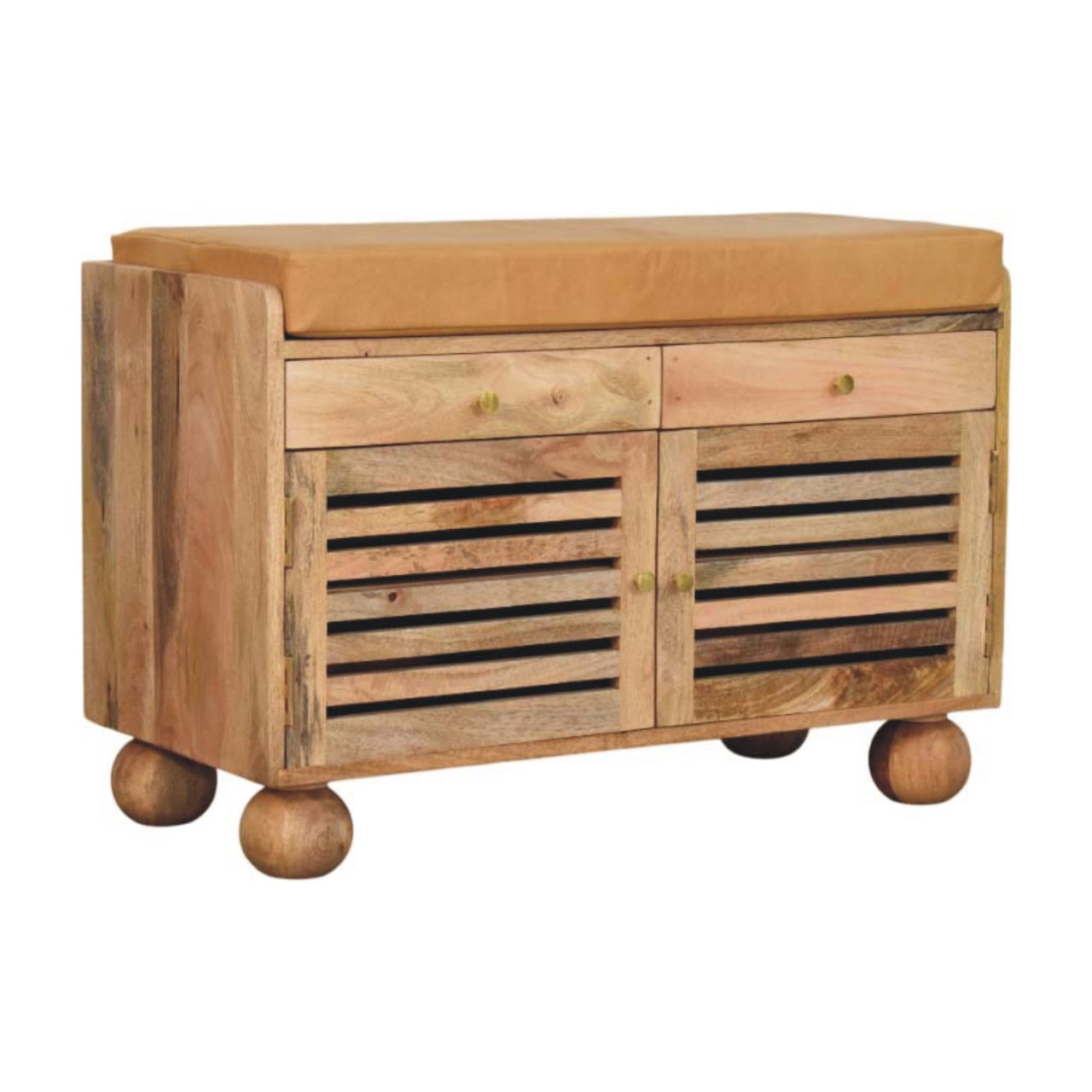 Solid Mango Wood Shutter Oak Finished 2 Door Upholstered Shoe Rack - Image 2