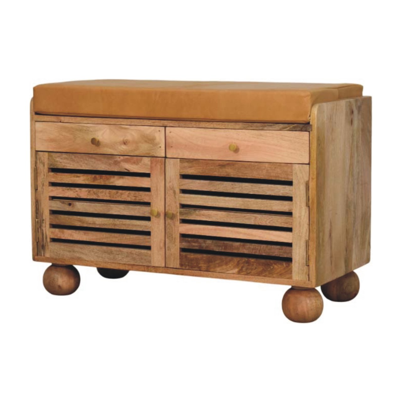 Solid Mango Wood Shutter Oak Finished 2 Door Upholstered Shoe Rack - Image 3