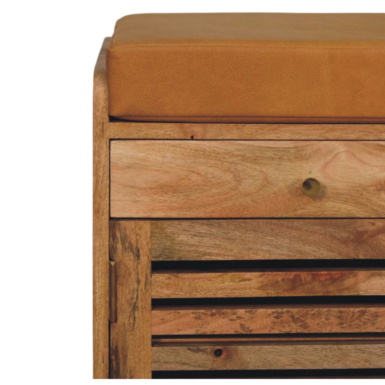 Solid Mango Wood Shutter Oak Finished 2 Door Upholstered Shoe Rack - Image 4