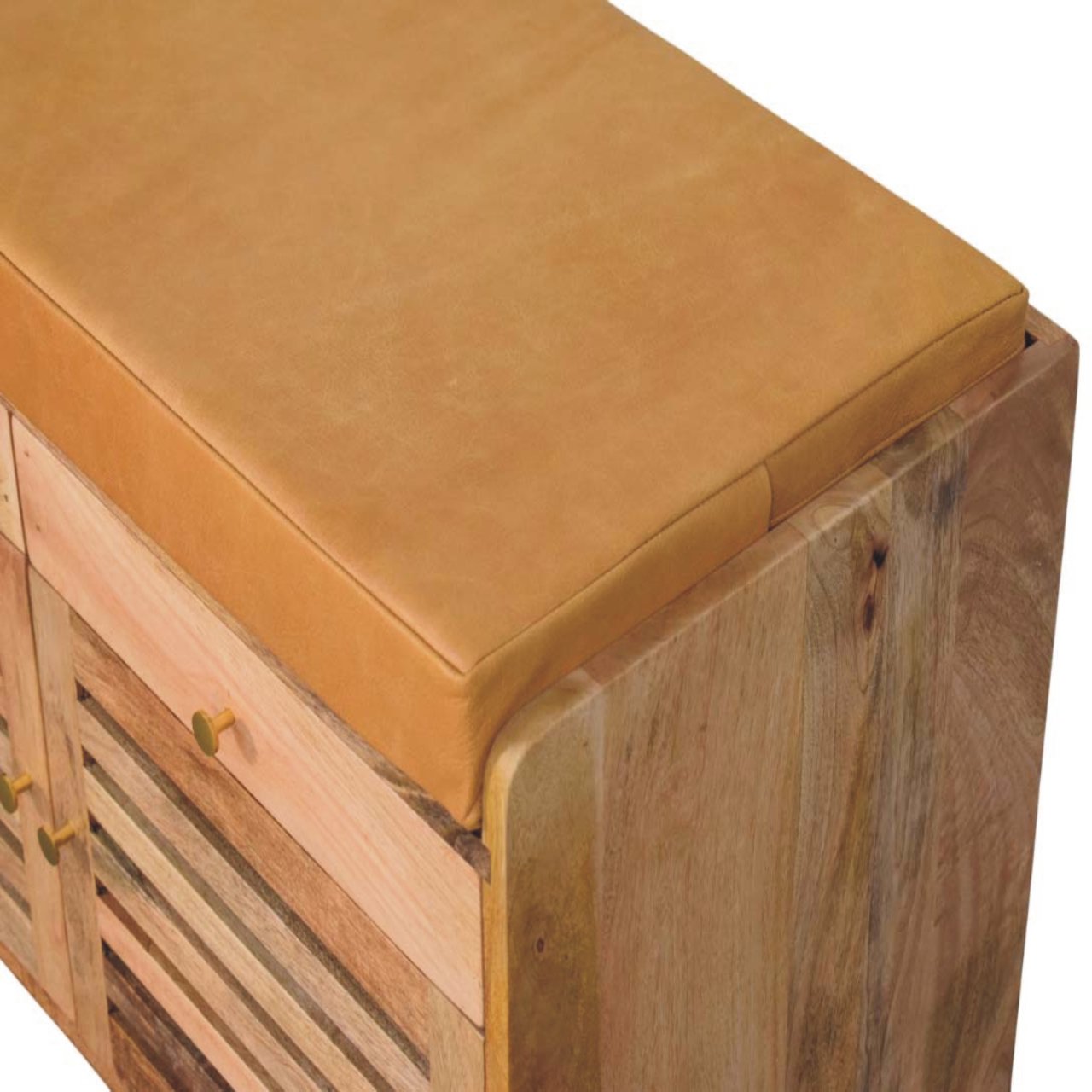 Solid Mango Wood Shutter Oak Finished 2 Door Upholstered Shoe Rack - Image 5