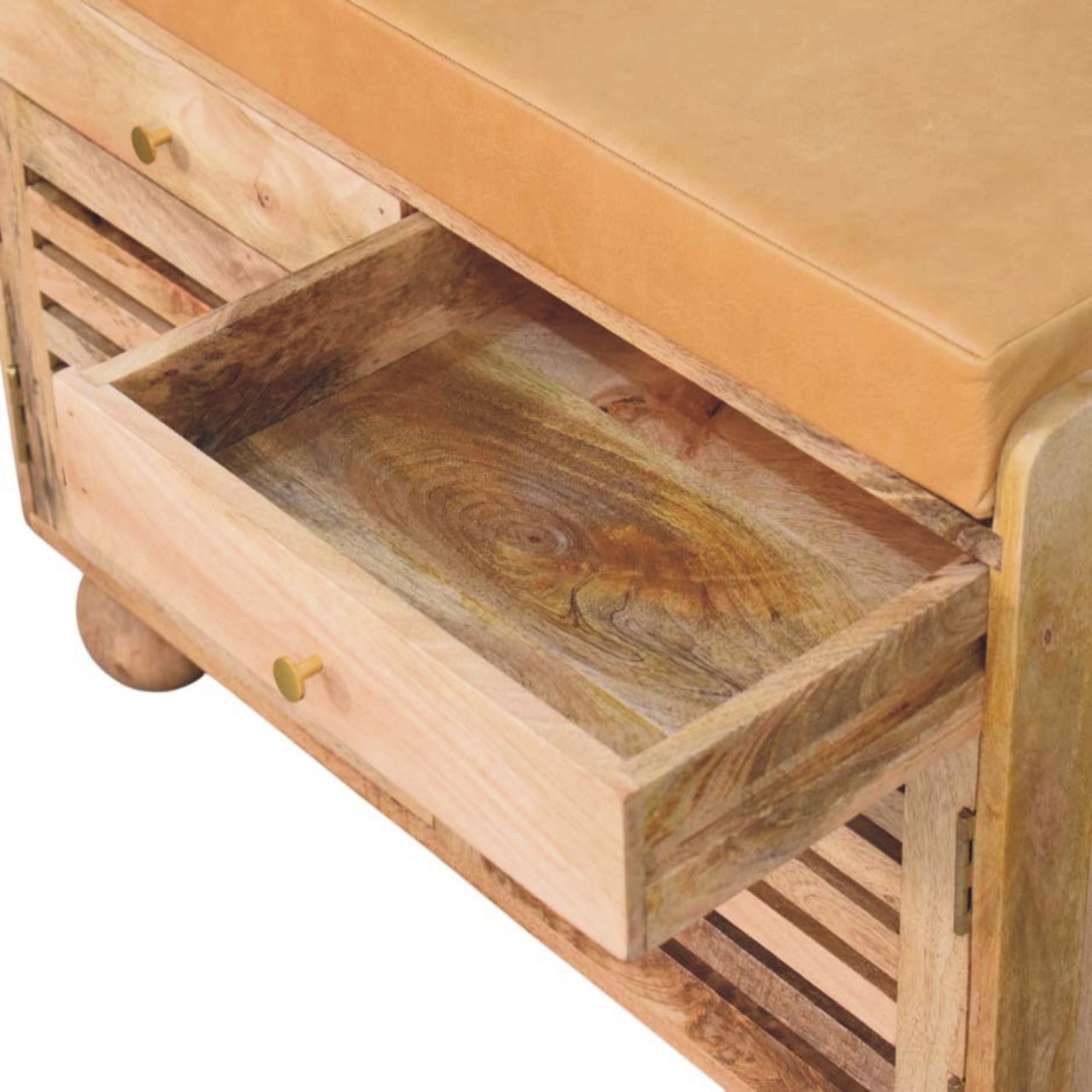 Solid Mango Wood Shutter Oak Finished 2 Door Upholstered Shoe Rack - Image 6