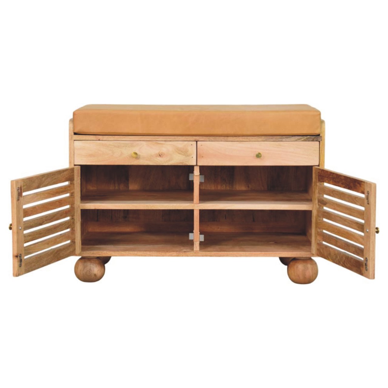 Solid Mango Wood Shutter Oak Finished 2 Door Upholstered Shoe Rack - Image 8