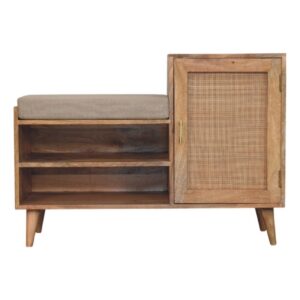 Solid Mango Wood Oak & Rattan Finished Larissa 2 Slot 1 Rattan Door Bench Unit